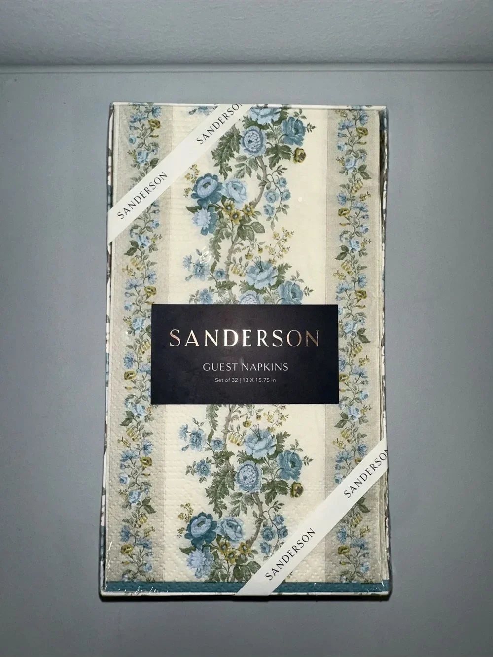 SANDERSON ivory blue green yellow floral vines 32 Guest Paper Napkins in a Box
